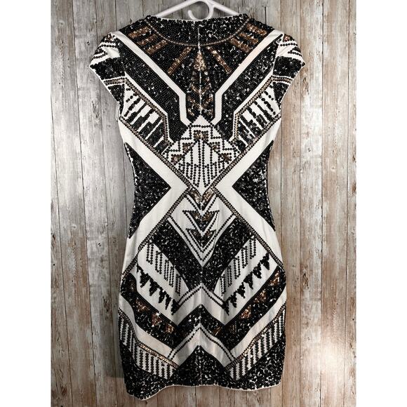 Express‎ Bodycon Dress Womens XS Cream Brass Sequin Cap Sleeve Party Cocktail - Picture 6 of 10